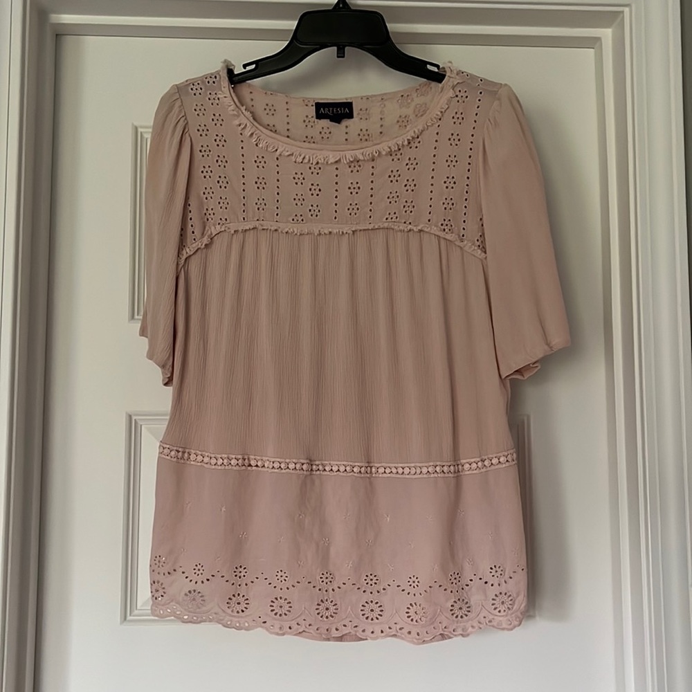 Artesia Blush Pink Boho Blouse Top Eyelet Lace Sz Medium